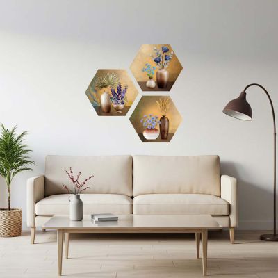 3 Piece Hexagon Shape Floral Theme Wall Art Decor for Living Room and Bedroom UV Textured MDF Home & Office Wall Decoration